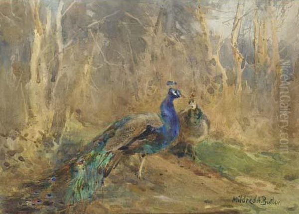 Peacocks Oil Painting by Mildred Anne Butler