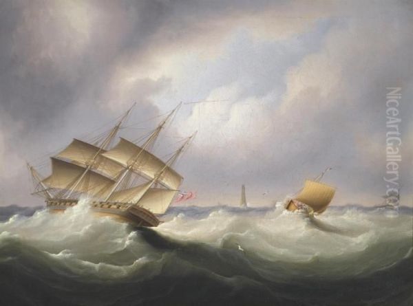 Frigate Off A Lighthouse Oil Painting by James E. Buttersworth