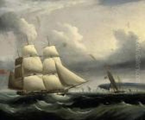 An English Frigate And A Cutter In The Channel Off The Southcoast Oil Painting by James E. Buttersworth