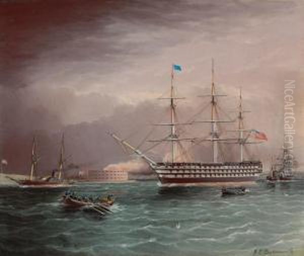 The U.s.s. Pennsylvania Under 
Tow At The Outbreak Of The Americancivil War With Fort Monroe In The 
Background Oil Painting by James E. Buttersworth