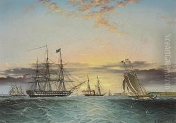 The U.s.s. Ohio Under Tow In The Lower Bay, New York With A View Of Fort Hamilton Oil Painting by James E. Buttersworth