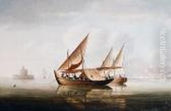 Shipping Off The Bugio Lighthouse At The Mouth Of The Tagus Oil Painting by James E. Buttersworth