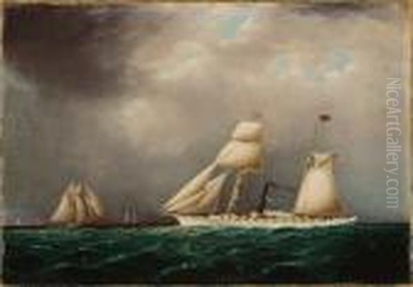 American Steam-sail Yacht Emily At Sea With Four Schooners Off Bow Oil Painting by James E. Buttersworth