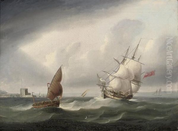 A Royal Navy Frigate Passing The
 Belem Tower And Beating Her Way Out Of The Tagus On A Stormy Day Oil Painting by James E. Buttersworth