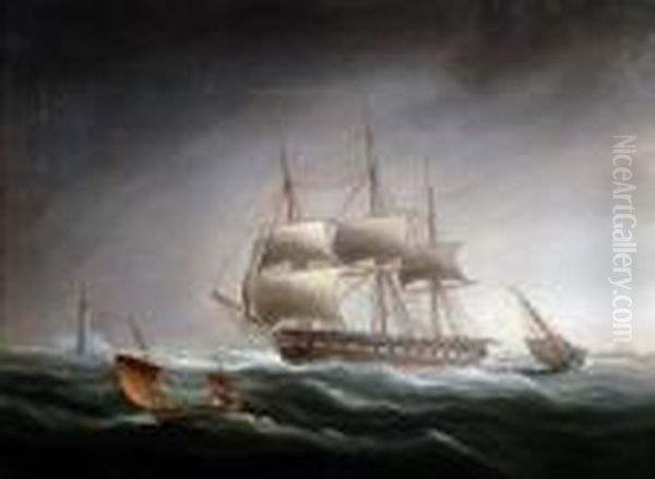 Naval Frigate In A Stormy Sea, With Lighthouse And Steamer In The Distance Oil Painting by James E. Buttersworth