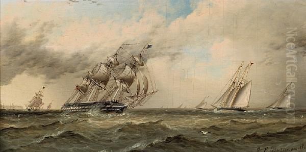 Sailing Vessels Rounding A Distantheadland Oil Painting by James E. Buttersworth