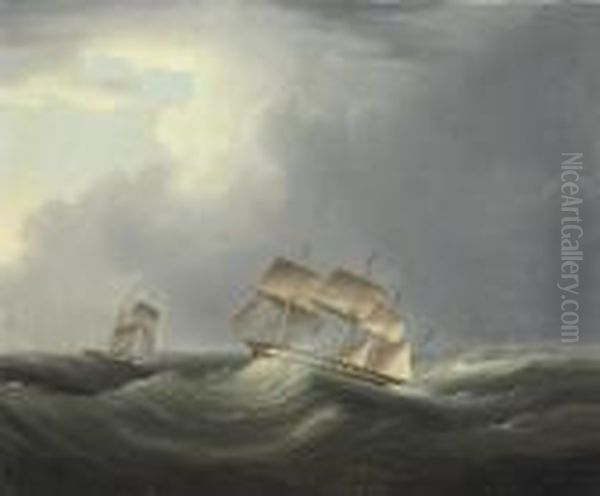 An English Merchantman And Paddle Steamer Caught In A Channelgale Oil Painting by James E. Buttersworth