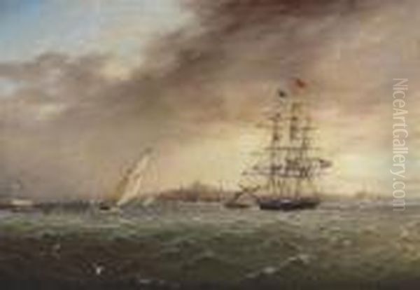 A Large Merchantman Being Towed 
Into Boston Amidst Yachts Racingoffshore, A Panorama Of The City Beyond Oil Painting by James E. Buttersworth