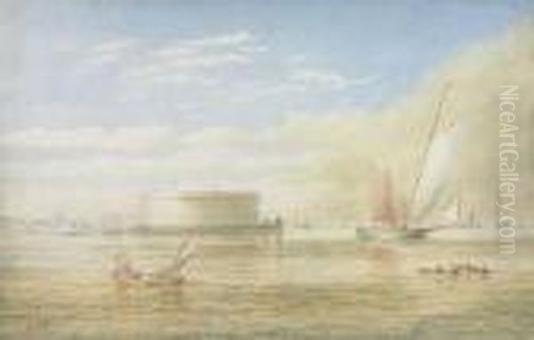 A View Of Lower New York Harbor With Vessels Approaching Castlewilliam Oil Painting by James E. Buttersworth