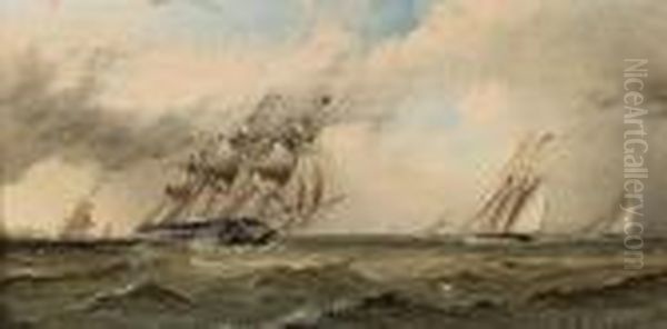 Sailing Vessels Rounding A Distantheadland Oil Painting by James E. Buttersworth