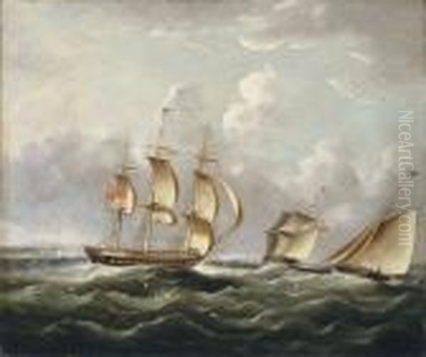 Ships Of The Royal Navy Running Up The Coast Passing A Headland Oil Painting by James E. Buttersworth