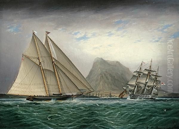 A Schooner And A Barque Sailing Into A Harbor Oil Painting by James E. Buttersworth