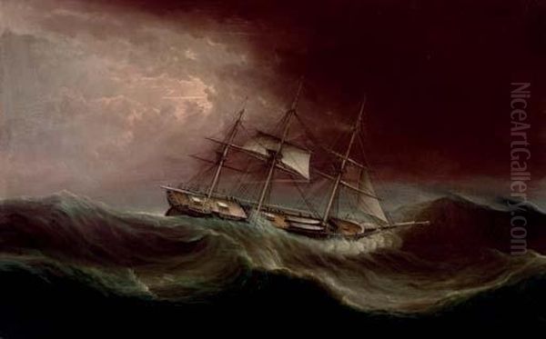 A Clipper Ship Battling Through A Hurricane Oil Painting by James E. Buttersworth