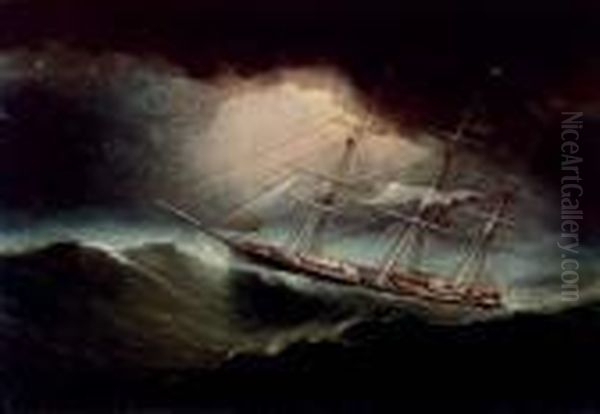 Young America Battling For Survival Through A Hurricane Oil Painting by James E. Buttersworth