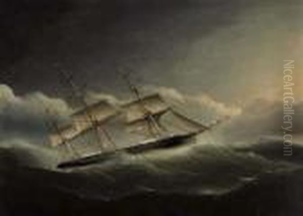 An American Clipper Ship Battling Through A Hurricane Oil Painting by James E. Buttersworth