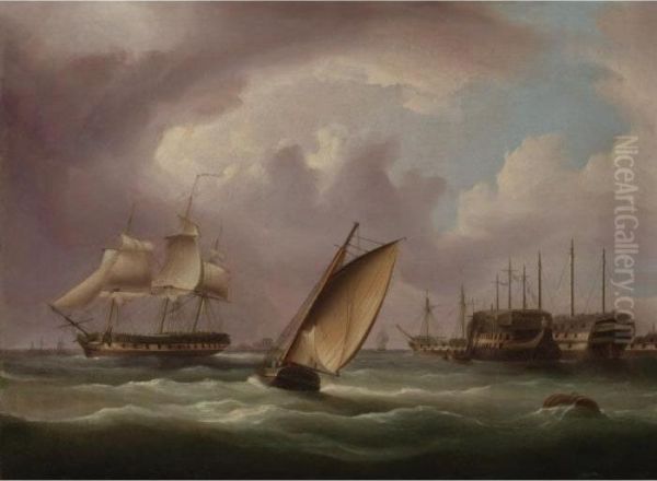 American Frigate And English Prison Hulks Oil Painting by James E. Buttersworth