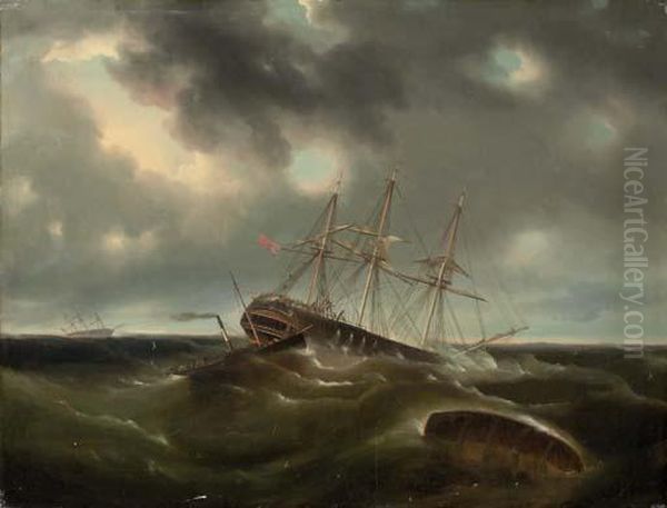 The Merchant Ship Lockwoods 
Caught In A Gale Off Liverpool, A Paddle Tug Arriving To Assist Oil Painting by James E. Buttersworth