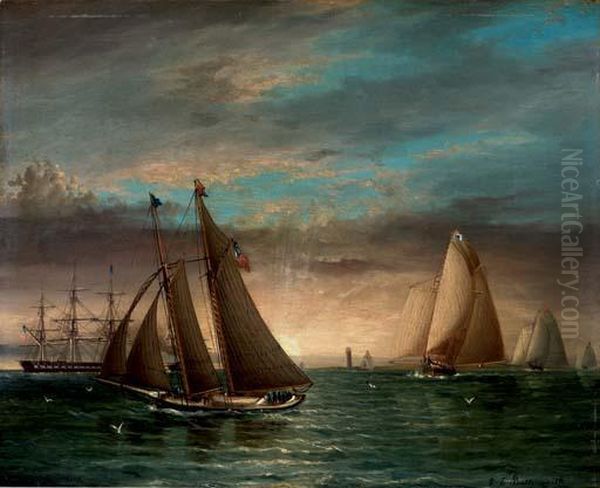 A Schooner And Other Yachts Racing Downwind At Sunset Oil Painting by James E. Buttersworth