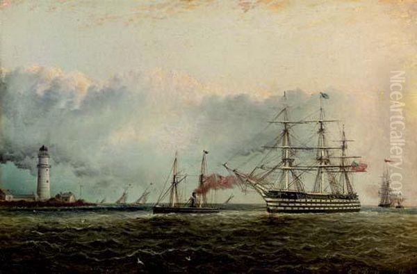 An American Ship Of The Line Under Tow Off A White Lighthouse Oil Painting by James E. Buttersworth