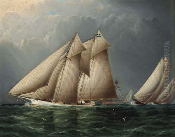 The Schooner Yacht Fenella Rounding Sandy Hook Lightship With Estelle Following Oil Painting by James E. Buttersworth