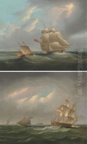 H.m.s. Sloop Active In Coastal 
Waters; And H.m.s. Brunswick Amidst Other Shipping In The Channel Oil Painting by James E. Buttersworth