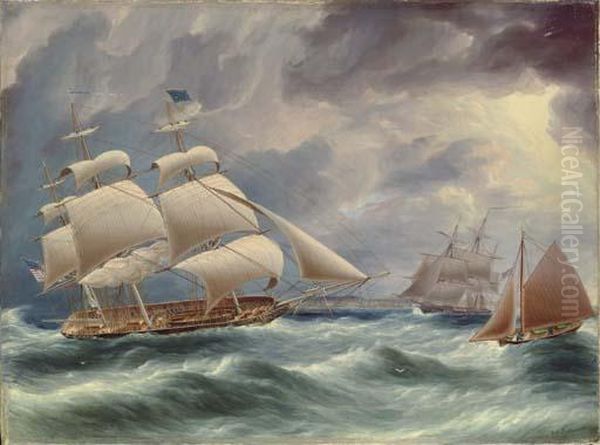 A Three-masted U.s. Merchantman 
Shortening Sail Off The Americancoast As The Pilot Cutter Approaches Her
 Starboard Beam Oil Painting by James E. Buttersworth