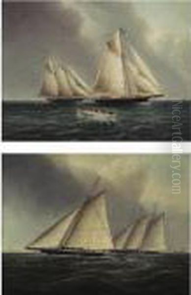 American Racing Yachts, Racing Off The East End Of Long Island: A Pair Of Paintings Oil Painting by James E. Buttersworth