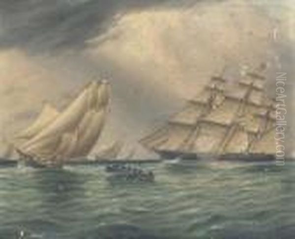 Squadron Of Yachts Passing The Hook Oil Painting by James E. Buttersworth