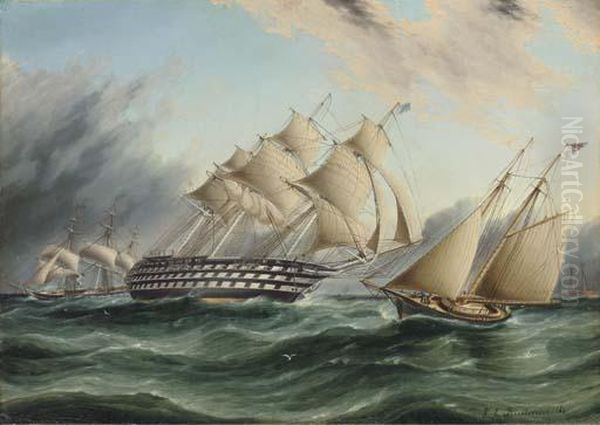 The American Ship Of The Line 
Pennsylvania With A Schooner Yachtand An American Frigate Off Sandy Hook Oil Painting by James E. Buttersworth