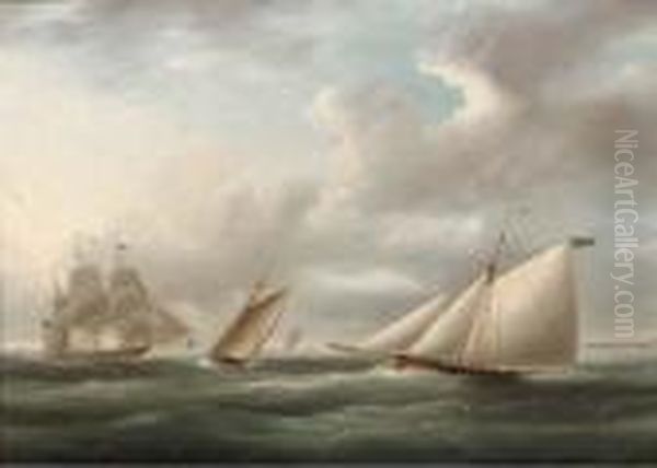 Two Racing Cutters On Opposite Tacks With A Royal Naval Frigate Offto Windward Oil Painting by James E. Buttersworth