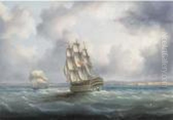 A British First Rate In The Atlantic With Cadiz Off To Starboard Oil Painting by James E. Buttersworth