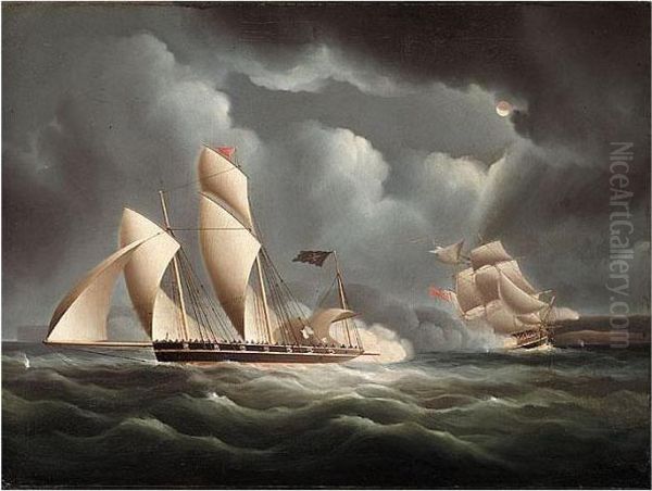 A British Frigate Attacking A Pirate Lugger At Night Oil Painting by James E. Buttersworth