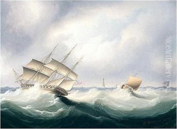 Shipping In A Strong Breeze Off Eddystone Lighthouse Oil Painting by James E. Buttersworth