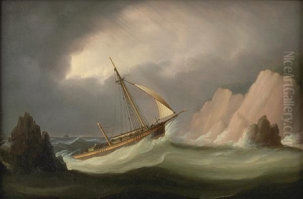 A Dismasted Schooner Running Into Dangerous Waters Oil Painting by Thomas Buttersworth