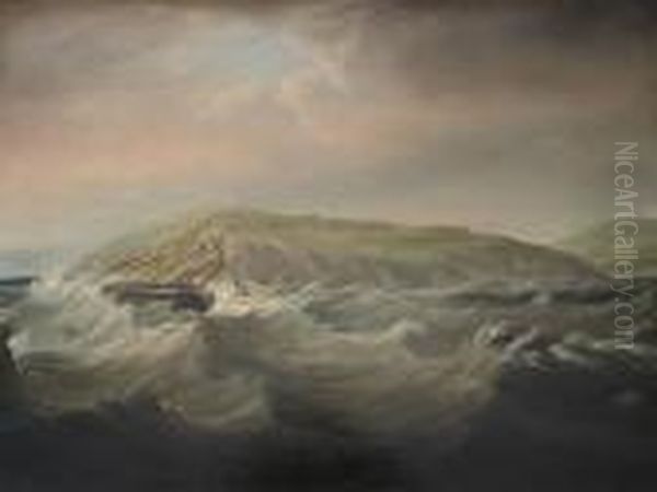 A Frigate Off A Stormy Coast Oil Painting by Thomas Buttersworth