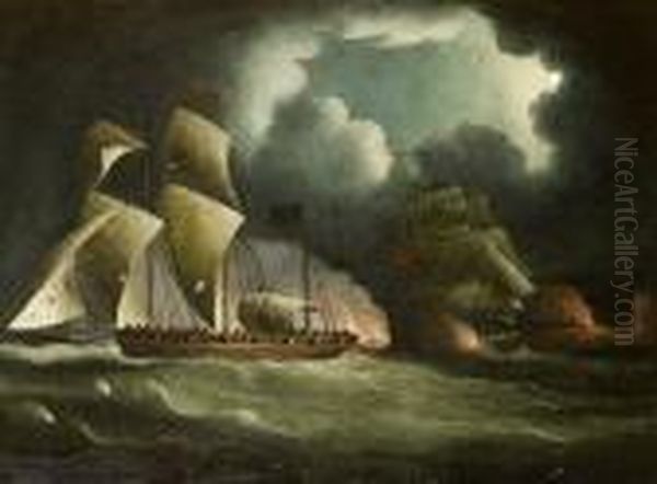 A Royal Navy Brig Chasing And Engaging A Well-armed Pirate Lugger Oil Painting by Thomas Buttersworth