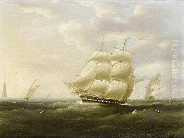 A British Frigate Bowling Down The Channel On A Breezy Day Past The Eddystone Lighthouse Oil Painting by Thomas Buttersworth