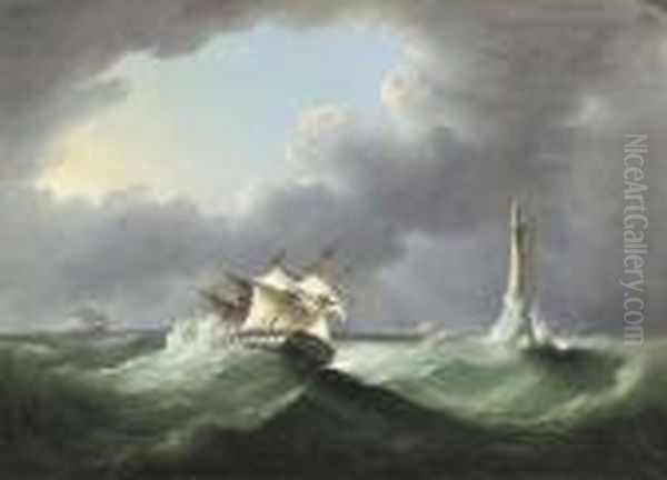 A Merchantman Reefed-down And Heeling In Heavy Seas Off The Eddystone Lighthouse Oil Painting by Thomas Buttersworth