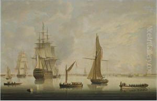 A British Man-of-war Being Towed Into Portsmouth Harbour By A Steamtug Oil Painting by Thomas Buttersworth