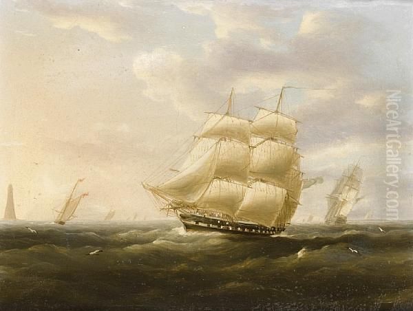 A British Frigate Bowling Down The Channel Ona Breezy Day Past The Eddystone Lighthouse Oil Painting by Thomas Buttersworth