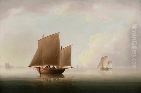 Becalmed With A British Lugger In Theforeground And Other Shipping In The Distance Oil Painting by Thomas Buttersworth