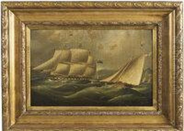 A Frigate And A Yacht Off The Coast Oil Painting by Thomas Buttersworth