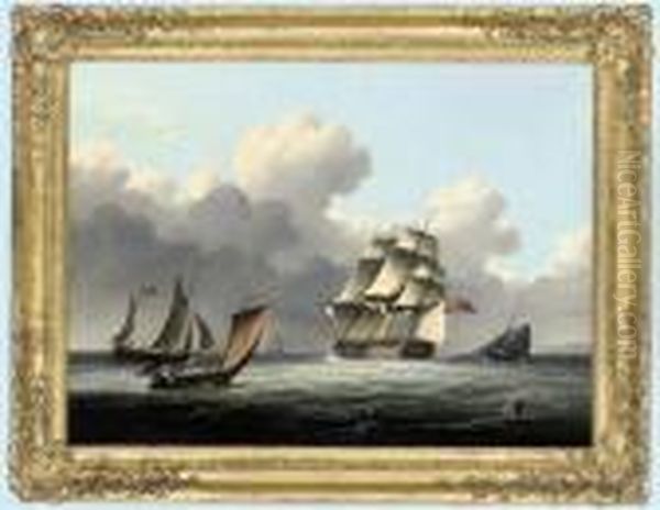 A Royal Naval Frigate Running Down The Channel Amidst Smallcraft Oil Painting by Thomas Buttersworth