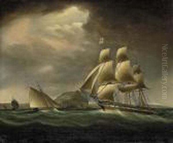 A Frigate And A Royal Navy Cutter In A Stiff Breeze Offgibraltar Oil Painting by Thomas Buttersworth