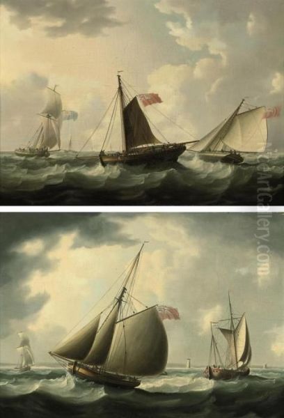 A Royal Navy Frigate In Choppy Waters; And English And Dutchfishing Boats Off The Coast Oil Painting by Thomas Buttersworth