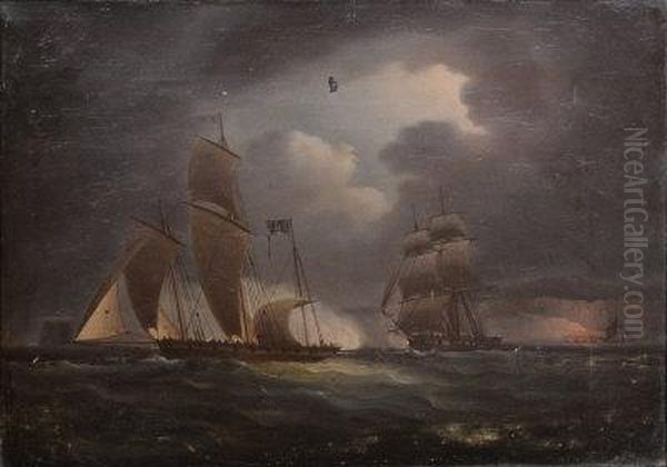 A Pirate Lugger, Running From A Man Oil Painting by Thomas Buttersworth