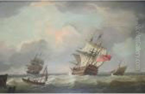 A Frigate Flying The Red Ensign, With Other Vessels Oil Painting by Thomas Buttersworth