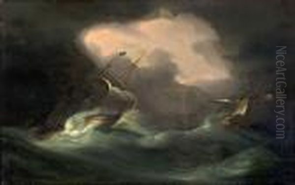 Pirate Ship Caught In A Stormy Sea Oil Painting by Thomas Buttersworth