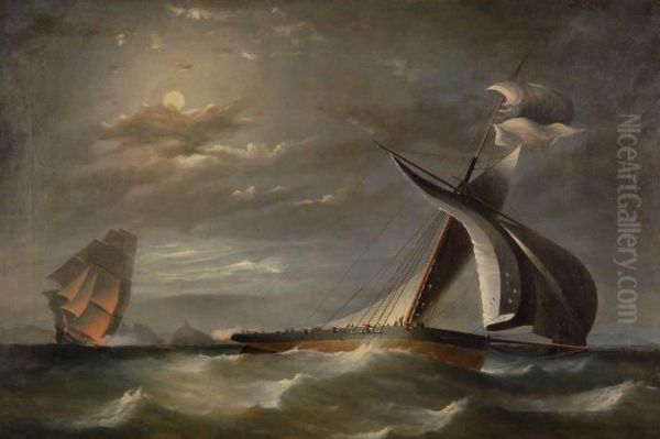 Moonlit Naval Battle Scene Oil Painting by Thomas Buttersworth