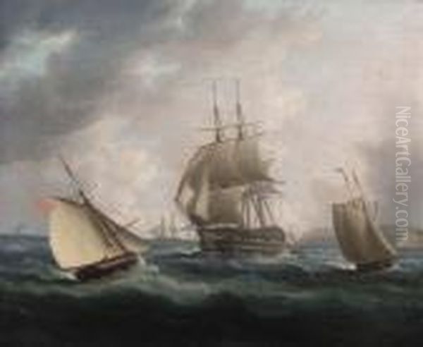 A Man Of War And Further Shipping Off The Coast Oil Painting by Thomas Buttersworth